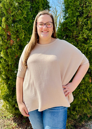 Curvy Taupe Rib Top Poncho Sleeved Top Final Sale