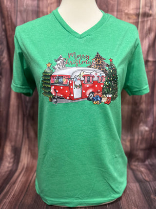 A Glamping Christmas V-Neck Tee on Heather Irish Green Final Sale