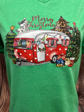 A Glamping Christmas V-Neck Tee on Heather Irish Green Final Sale