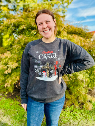 "Christmas Begins with Christ" Sweatshirt on Heather Charcoal Final Sale