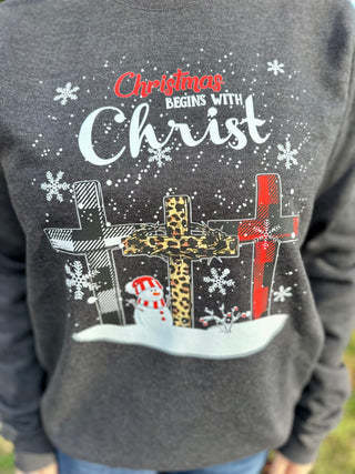 "Christmas Begins with Christ" Sweatshirt on Heather Charcoal Final Sale