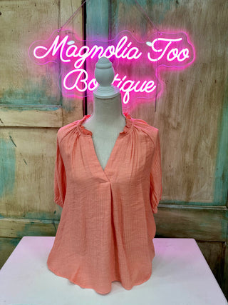 Curvy Dusty Peach Scrunched V Neck Elastic Short Sleeve Top Final Sale