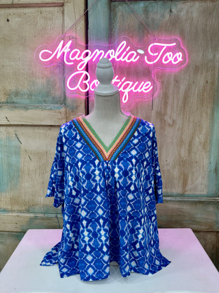 Blue V-Neck Embroidered Neckline Top Final Sale