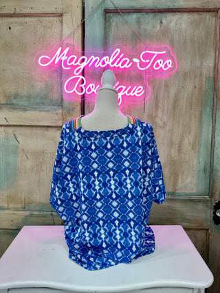 Blue V-Neck Embroidered Neckline Top Final Sale