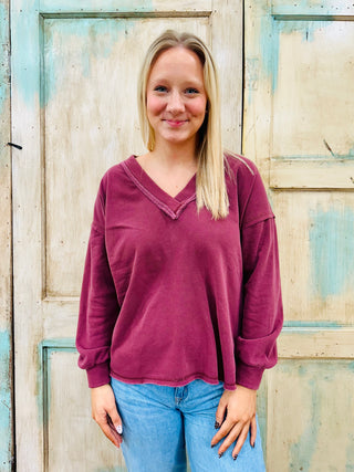 BURGUNDY REVERSE STITCH V NECK LONG SLEEVE KNIT TOP