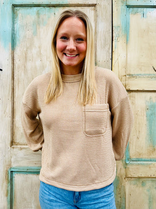 KHAKI CREW NECK LONG SLEEVE KNIT TOP Final Sale