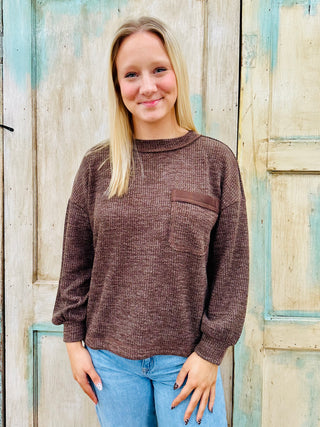DARK BROWN CREW NECK LONG SLEEVE KNIT TOP Final Sale