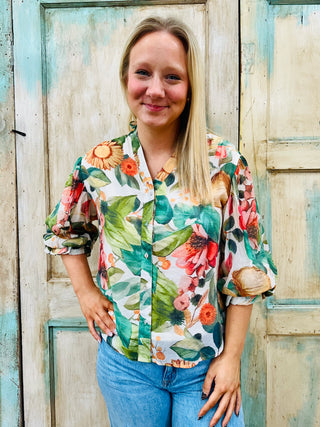 Moss Green Floral Button Down Top with 3/4 Length Gathered Balloon Sleeves