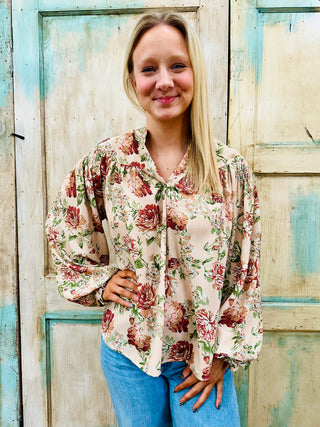Taupe Notched Neck Floral Print Woven Blouse Final Sale