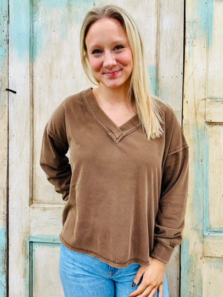 BROWN REVERSE STITCH V NECK LONG SLEEVE KNIT TOP