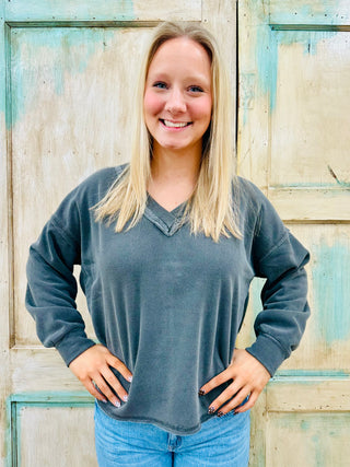 CHARCOAL REVERSE STITCH V NECK LONG SLEEVE KNIT TOP