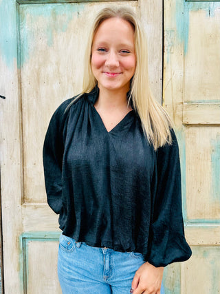 Black Balloon Sleeve V-Neck Top FINAL SALE