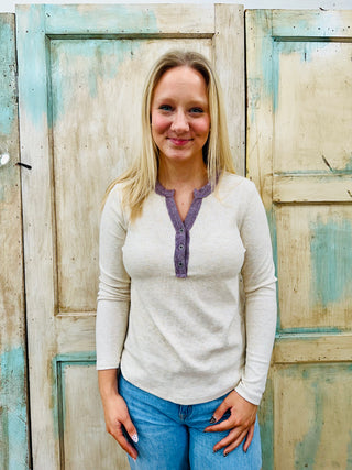 SC OATMEAL PLUM COLOR TRIMMED BUTTON HENLEY, LONG SLEEVE, MICRO BRUSHED KNIT TOP