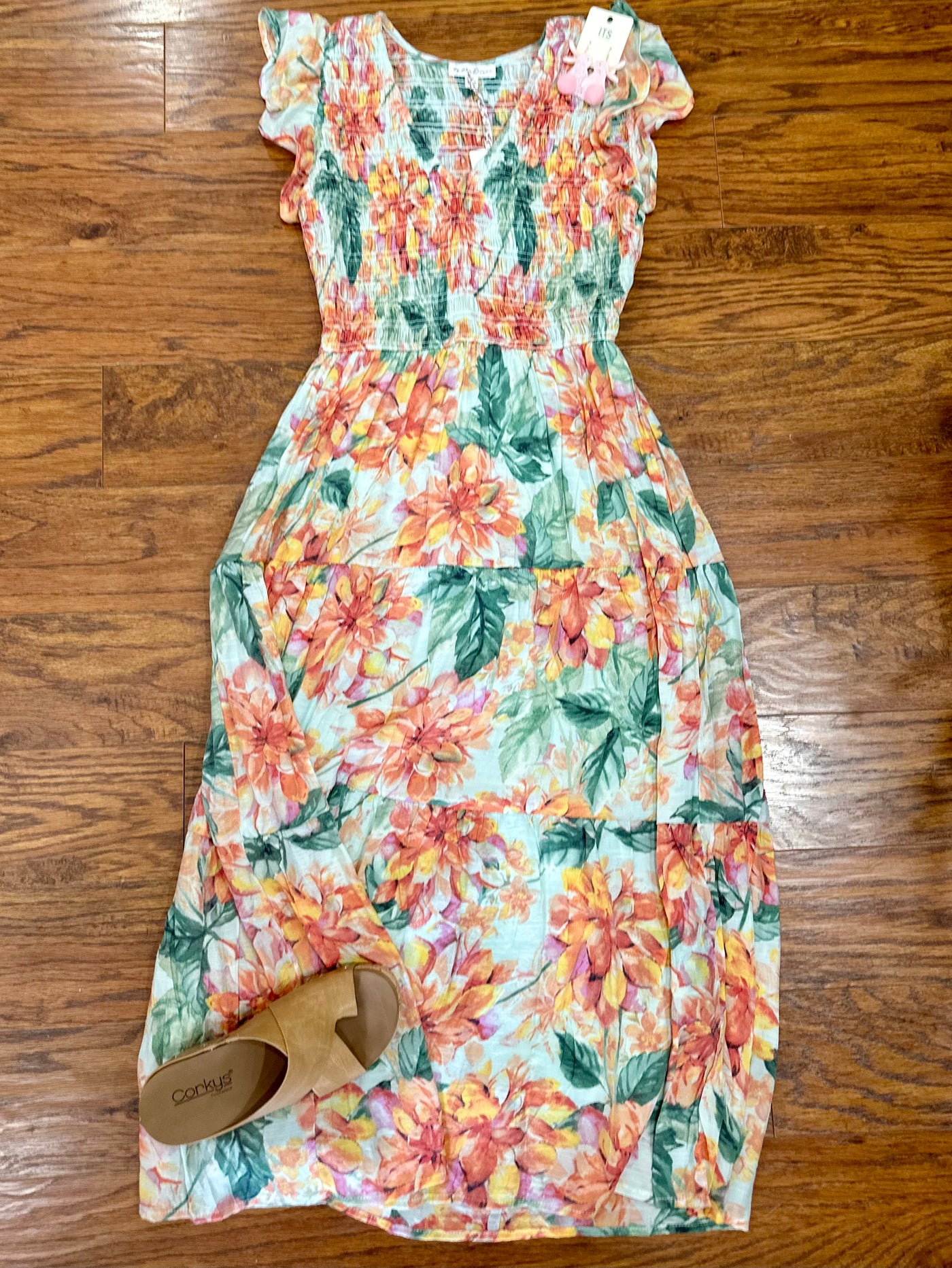 SMOCKED V NECK FLORAL MIDI DRESS