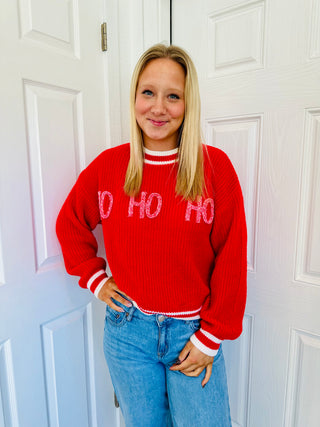 RED HO HO HO CREW NECK KNIT PULLOVER SWEATER