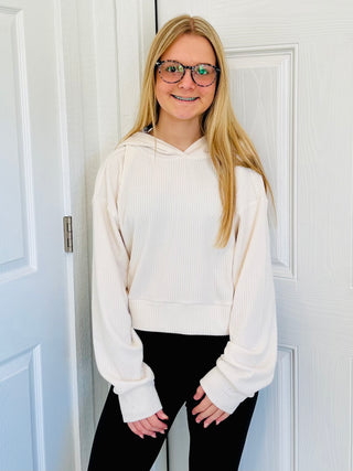 SC Whip Cream Drop Shoulder Casual Cropped Ribbed Hoodie