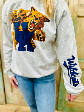 Faux Crocheted Wildcat Sweatshirt on Heather Grey with Sleeve