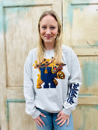 Faux Crocheted Wildcat Sweatshirt on Heather Grey with Sleeve