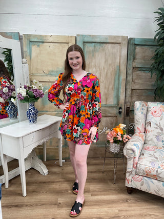 Black Mix Flower Print Dress with V-Neck and Bubble Sleeves Final Sale