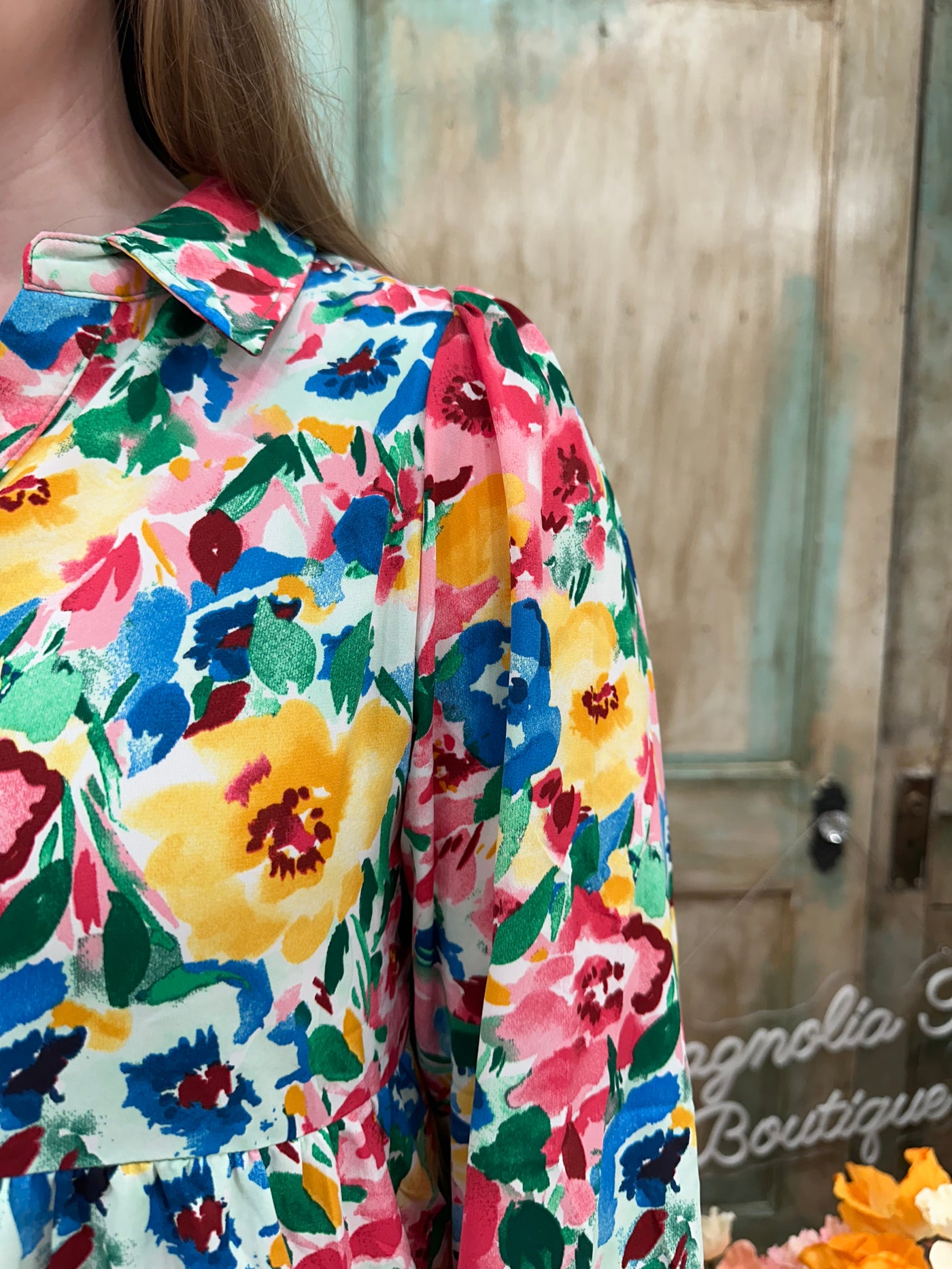 Kelly Green Floral Print Dress with Buttoned Collar Neck