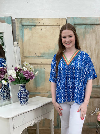 Blue V-Neck Embroidered Neckline Top Final Sale