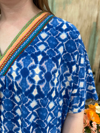 Blue V-Neck Embroidered Neckline Top Final Sale