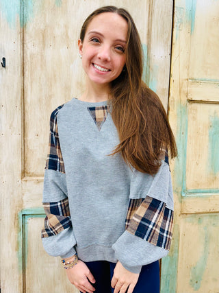 Grey/Navy Solid Thermal Knit Plaid Woven Loose Fit Top FINAL SALE