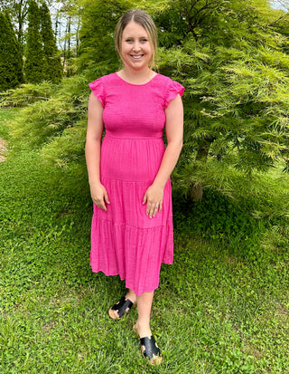 LIGHT FUCHSIA SMOCKED TIERED MIDI DRESS Final Sale