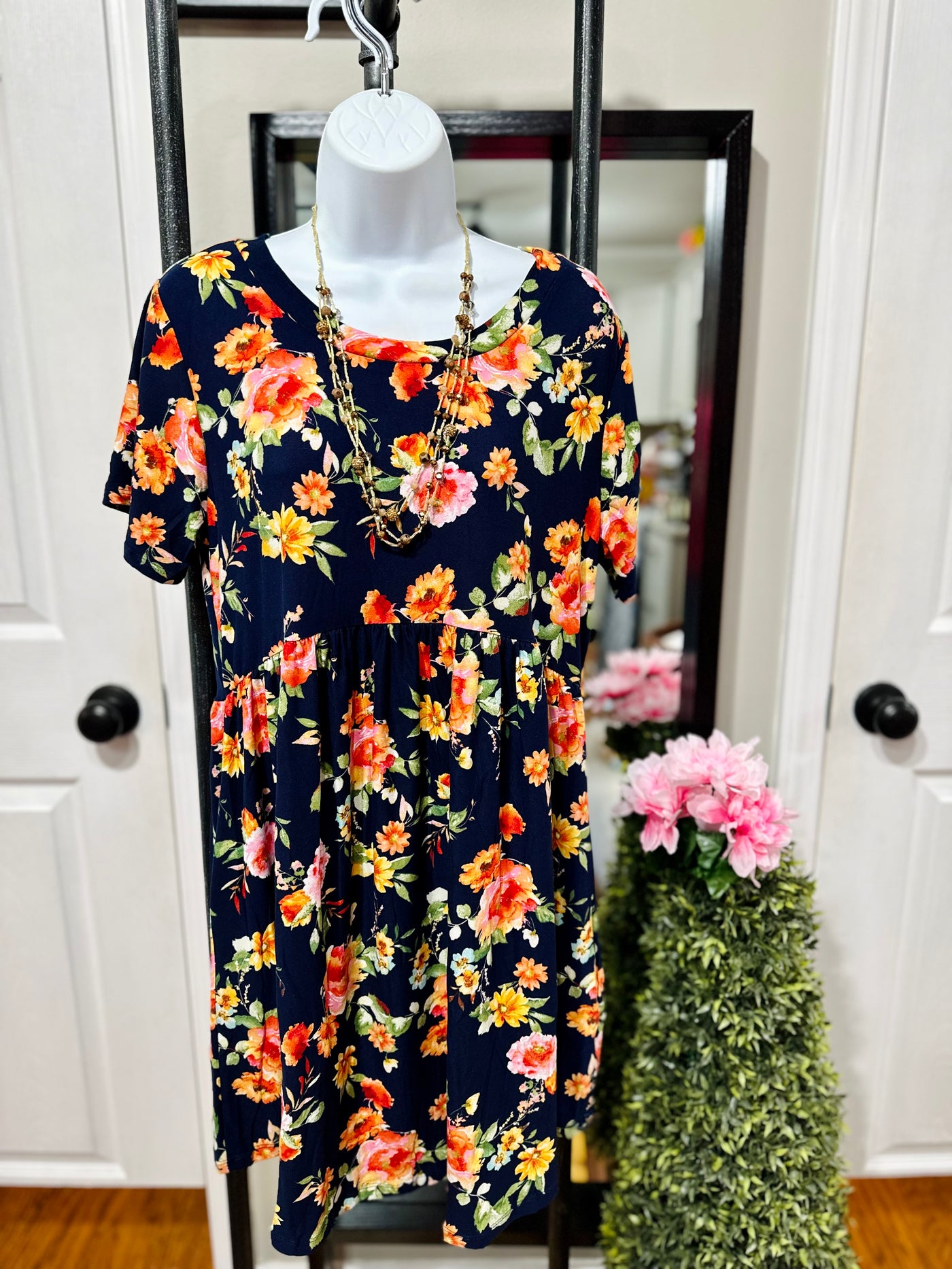 NAVY FLORAL PRINT MIDI LENGTH KNIT DRESS WITH SIDE POCKETS