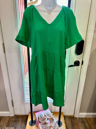 Green Solid Babydoll Tiered Flare Mini Dress