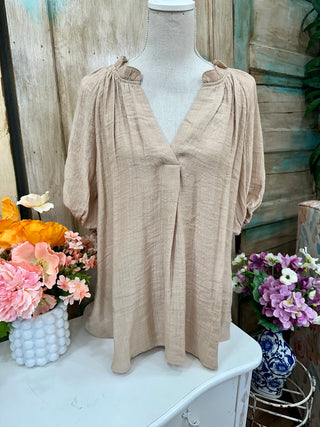 Curvy Khaki Scrunched V Neck Elastic Short Sleeve Top Final Sale