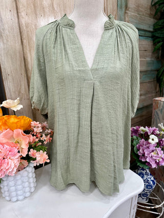 Curvy Light Olive Scrunched V Neck Elastic Short Sleeve Top Final Sale