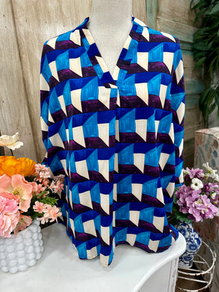 Curvy Sky Blue Geometric Notched Half Sleeve Blouse Final Sale