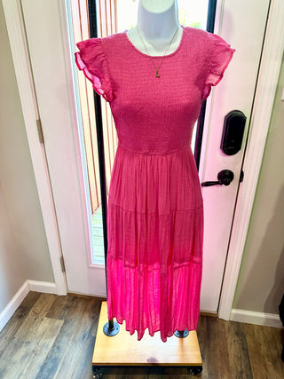 LIGHT FUCHSIA SMOCKED TIERED MIDI DRESS Final Sale