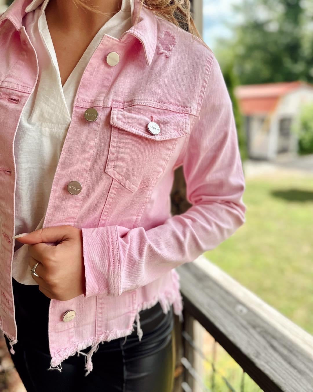 Acid Pink Irregular Fray Hemmed Color Denim Jacket