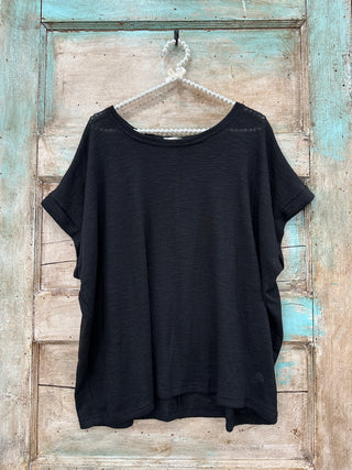 Curvy Black Hacci Slub Rolled Up Sleeve Tee Final Sale