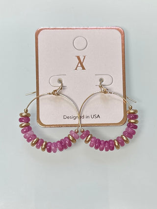 Stone Disk Beaded Hoop Drop Earrings (5 Options)