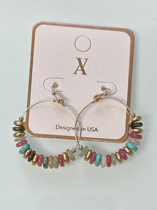 Stone Disk Beaded Hoop Drop Earrings (5 Options)