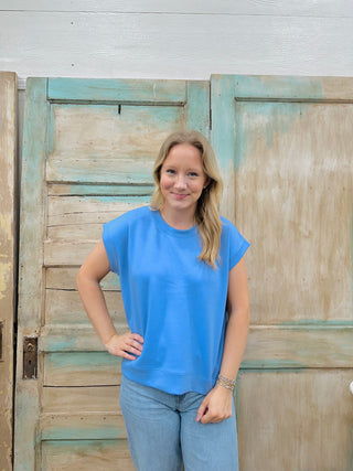 Cornflower Blue Scuba Short Sleeve Sweatshirt Final Sale