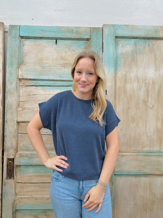 Navy Raised Rib Cap Sleeve Top Final Sale