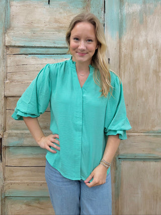 Emerald 3/4 Length Gathered Balloon Sleeve Blouse Final Sale