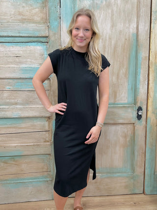 Black Round Neck Short Sleeve Midi Dress Final Sale