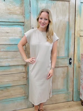 Sand Beige Round Neck Short Sleeve Midi Dress Final Sale