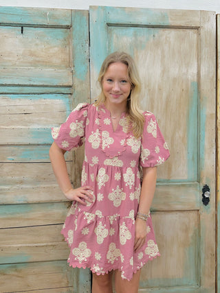 Blush Puff Printed Tiered Mini Dress with Decorative Trim Details Final Sale