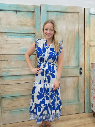 Floral Tiered Midi Dress with Ruffle Sleeves and an Elastic Tie Waist FINAL SALE