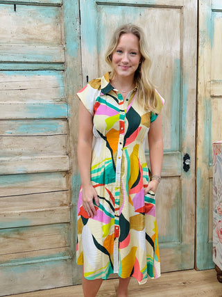 Lime Mix Bright Abstract Cap Sleeve Midi Shirt Dress FINAL SALE