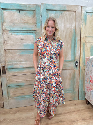 Orange/Navy Printed Sleeveless Midi Shirt Dress FINAL SALE