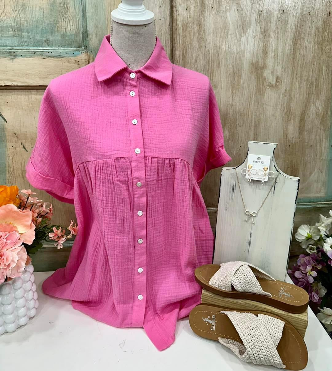 Curvy Pink Cosmos Button Down Baby Doll Top w/ Dolman Sleeves