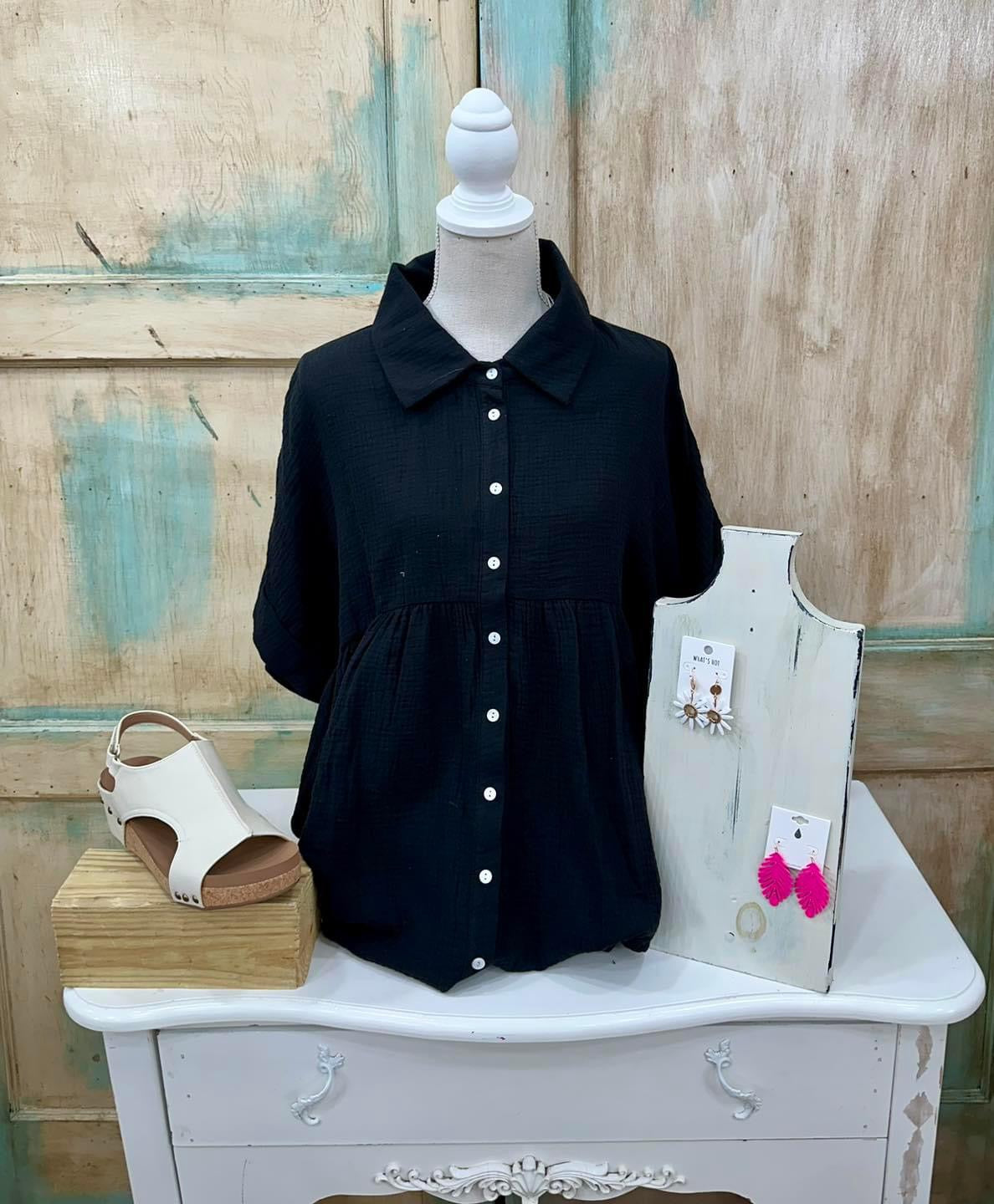 Black Button Down Baby Doll Top w/ Dolman Sleeves