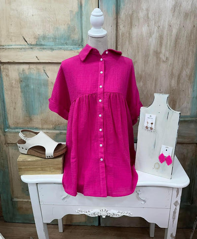 Hot Pink Button Down Baby Doll Top w/ Dolman Sleeves Final Sale